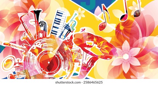 Music background with colorful music instruments and vinyl record disc vector illustration. Music festival poster with double bell euphonium, violoncello, trumpet, piano, euphonium, sax and guitar	