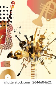 Music background with colorful music instruments and vinyl record disc vector illustration