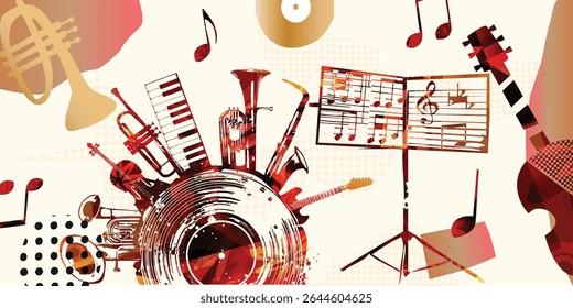 Music background with colorful music instruments and vinyl record disc vector illustration