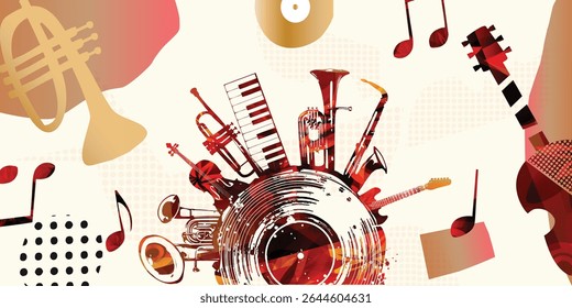 Music background with colorful music instruments and vinyl record disc vector illustration. Music festival poster with double bell euphonium, violoncello, trumpet, piano, euphonium, sax and guitar