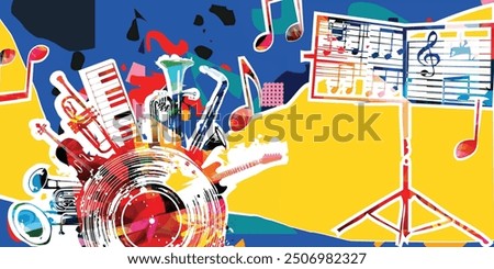 Music background with colorful music instruments and vinyl record disc vector illustration.