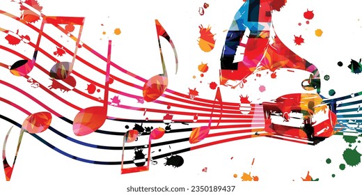 Music background with colorful musical notes staff and gramophone. Vector illustration. Vibrant poster design with musical notes symbols and retro record player for listening music