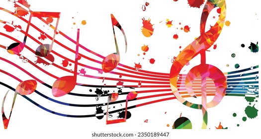 Music background with colorful musical notes staff and G-clef. Vector illustration. Vibrant music festival poster design with musical notes signs and symbols. Live concert events. Party flyer. 