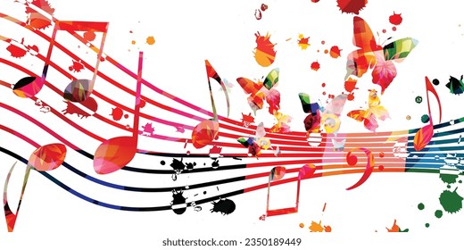 Music background with colorful musical notes staff. Vector illustration. Vibrant music festival poster design with musical notes signs and symbols. Live concert events. Party flyer. 