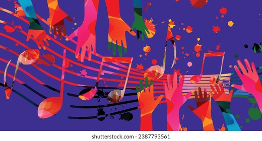 Music background with colorful musical notes staff and hands vector illustration design. Artistic music festival poster, live concert events, party flyer, music notes signs and symbols