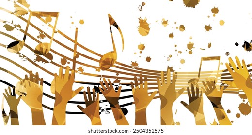 Music background with colorful musical notes staff and hands vector illustration design. Artistic music festival poster, live concert events, party flyer, music notes signs and symbols