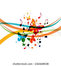 Music background with colorful music notes and butterflies vector illustration design. Artistic music festival poster, live concert events, party flyer, music notes signs and symbols