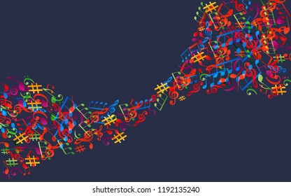 Music background with colorful music notes and G-clef vector illustration design. Artistic music festival poster, live concert, music notes signs and symbols