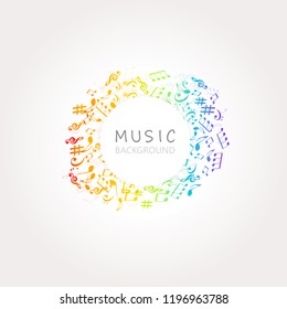 Music background with colorful music notes and G-clef vector illustration design. Artistic music festival poster, live concert, music notes signs and symbols banner