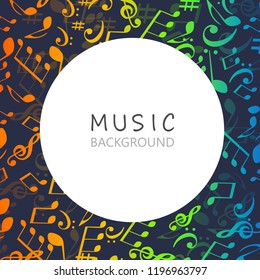 Music background with colorful music notes and G-clef vector illustration design. Artistic music festival poster, live concert, music notes signs and symbols banner