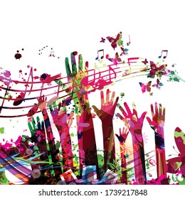 Music background with colorful music notes and hands vector illustration design. Artistic music festival poster, live concert events, party flyer, music notes signs and symbols with crowd of people