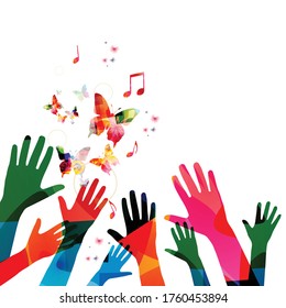 Music background with colorful music notes and hands vector illustration design. Artistic music festival poster, live concert events, party flyer, music notes signs and symbols with butterflies