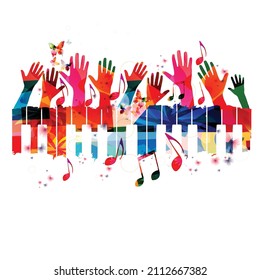 Music Background With Colorful Piano Keys, Musical Notes And Hands Vector Illustration. Music Festival Poster, Live Concert Events, Party Flyer, Happy People In Audience Cheering, Celebration Concept