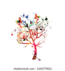 Music background with colorful tree and music notes vector illustration design. Artistic music festival poster, live concert events, party flyer, music notes signs and symbols