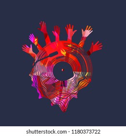 Music background with colorful vinyl record vector illustration. Artistic music festival poster, live concert, creative design with lp record and hands