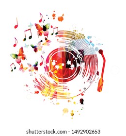 Music background with colorful vinyl record disc and music notes vector illustration design. Artistic music festival poster, events, party flyer, music notes signs and symbols