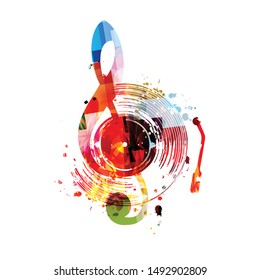 Music background with colorful vinyl record disc and G-clef vector illustration design. Artistic music festival poster, music events, party flyer, abstract treble clef symbol