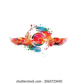 Music background with colorful vinyl record disc with wings, vector illustration design. Artistic music festival poster, music events, party flyer	
