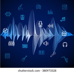 Music Background Concept with the Equalizer and Outline Icons. Vector illustration