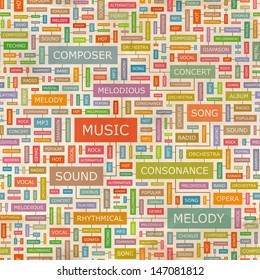 MUSIC. Background concept wordcloud illustration. Print concept word cloud. Graphic collage with related tags and terms. Vector illustration. 