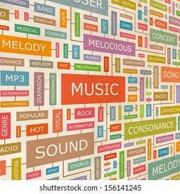 MUSIC. Background concept wordcloud illustration. Print concept word cloud. Graphic collage with related tags and terms. Vector illustration. 