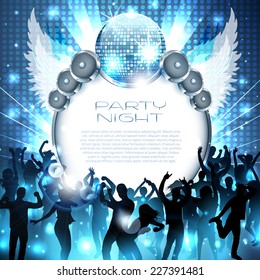 Music background with dancing silhouettes and instruments - vector