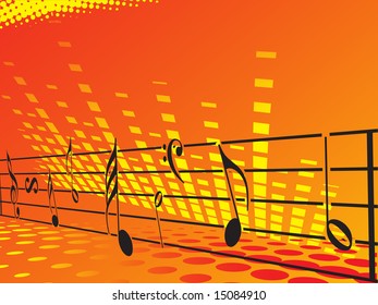music background with different notes, orange banner