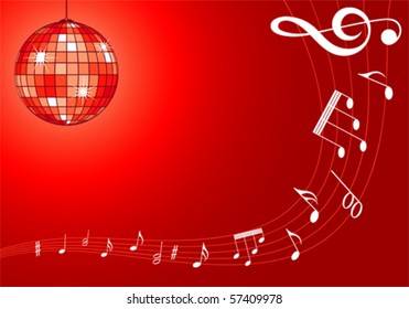 Music background with discoball and note pattern, element for design, vector illustration