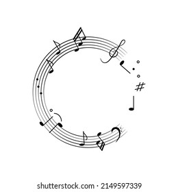 Musik-Hintergrund-Doodle-Noten als Rundrahmen. Vektorgrafik mit Melodie-Symbolen, musikalischen Noten, Treppensteibe in Schwarz auf weißem Hintergrund für Design-Dekoration.