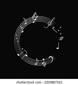 Music background doodle notes as round frame. Vector illustration with melody symbols, musical notes, treble clef in white on black background for design decoration.