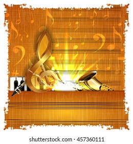 Music background with a gold treble clef piano and saxophone on the old music paper with texture and bright flash. It can be used with any image on a white background.