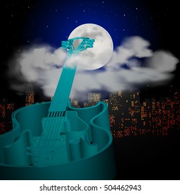 Music background with guitar contour evening cityscape moon in the clouds, evening or night.