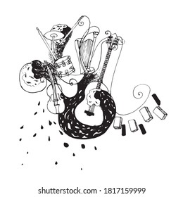 Music background with guitar, drums, keys, harp with sea wave. Perfect for beach festival or beach concert.
