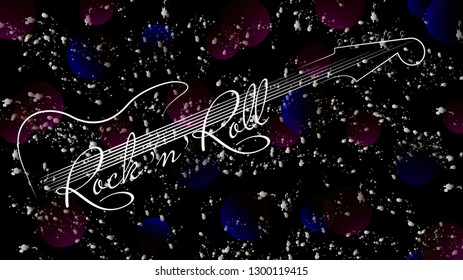 Music background. Guitar and inscription rock and roll on black futuristic background. Design invitations to party, disco, music banner, flyer, cover, wallpaper. Vector illustration.