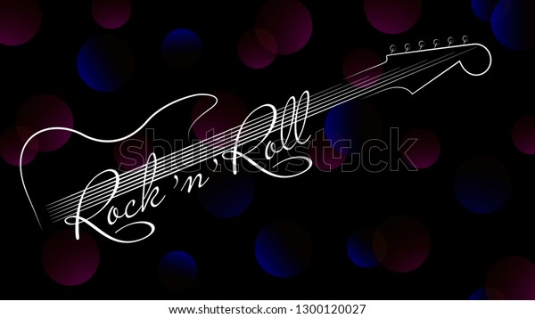 音楽の背景 黒い未来的な背景にギターと碑文のロックとロール パーティー ディスコ 音楽バナー チラシ カバー 壁紙 への招待状をデザインします ベクターイラスト のベクター画像素材 ロイヤリティフリー
