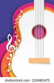 Music background. Guitar and notes paper cut design for invitation brochure template, leaflet flyer. Vector poster with musical motifs