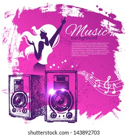 Music background with hand drawn illustration and dance girl silhouette. Splash blob retro design