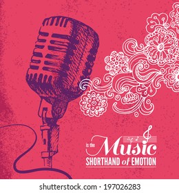 Music background. Hand drawn illustration and typography design 