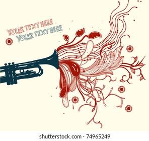 Music background with a hand drawn  trumpet and abstract red plants