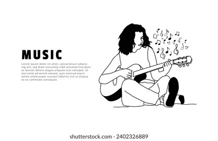 Music background with illustration girl playing acoustic guitar design