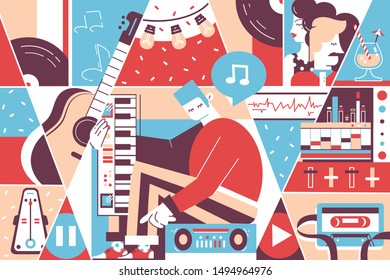 Music background of instruments, musician and couple. Concept woman and man character in cafe drinking and listening guitar, piano and techno with modern device. Vector illustration.