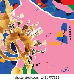 Music background with music instruments vector illustration. Music festival poster with double bell euphonium, violoncello, trumpet, piano, euphonium, sax and guitar