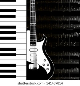 Music background with keyboard, guitar and stave notes in black and white