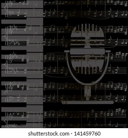 Music background with keyboard, microphone and notes stave
