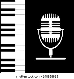 Music background with keyboard, microphone and stave notes  in black and white