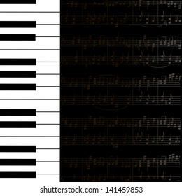 Music background with keyboard and stave notes in black and white