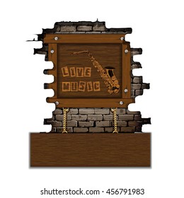 Music background live music with saxophone in a wooden frame placed in the failure of the old brick wall. Isolated object you can place any text or image.