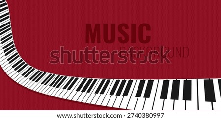 Music background with long curved wavy piano keys on red background. Vector illustration