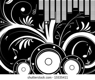 Music background with loudspeaker and floral, element for design, vector illustration