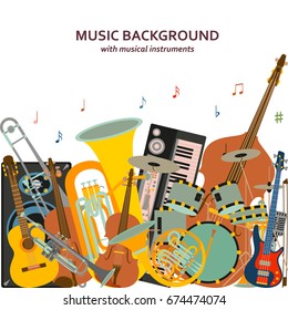 Music background made of different musical instruments, treble clef and notes. Colorful vector illustration.